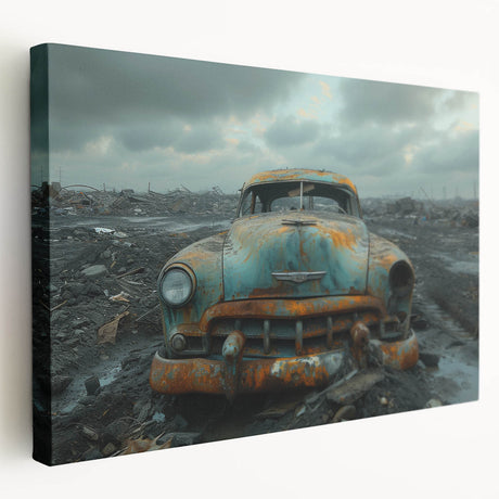 Large canvas print of a derelict building in muted gray and blue tones, suitable for kitchen wall art.