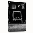 Large abstract wall art on acrylic glass, featuring a derelict architectural design in muted gray tones.