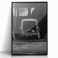 Large abstract wall art featuring mid-century modernist design in neutral and black tones, acrylic print framed in black.