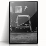 Large abstract wall art featuring mid-century modernist design in neutral and black tones, acrylic print framed in black.