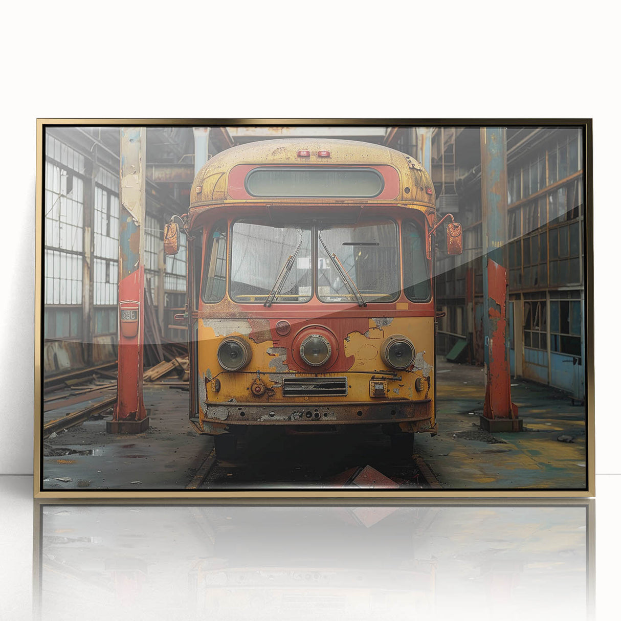 Mid-century modernist architecture print in gold frame, featuring muted earth tones, ideal for modern art wall decor.