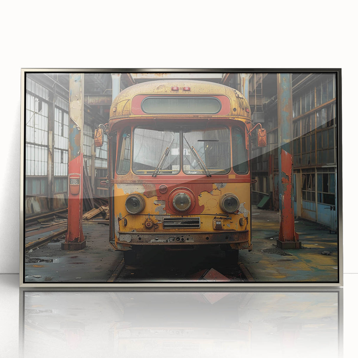 Mid-century modernist art depicting a silver-framed acrylic print of a derelict building, ideal for modern art wall decor.