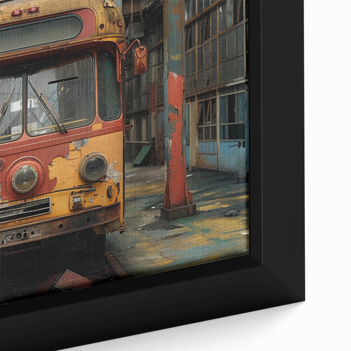 Black and white wall art of a vintage poster featuring a derelict building landscape on a framed canvas.