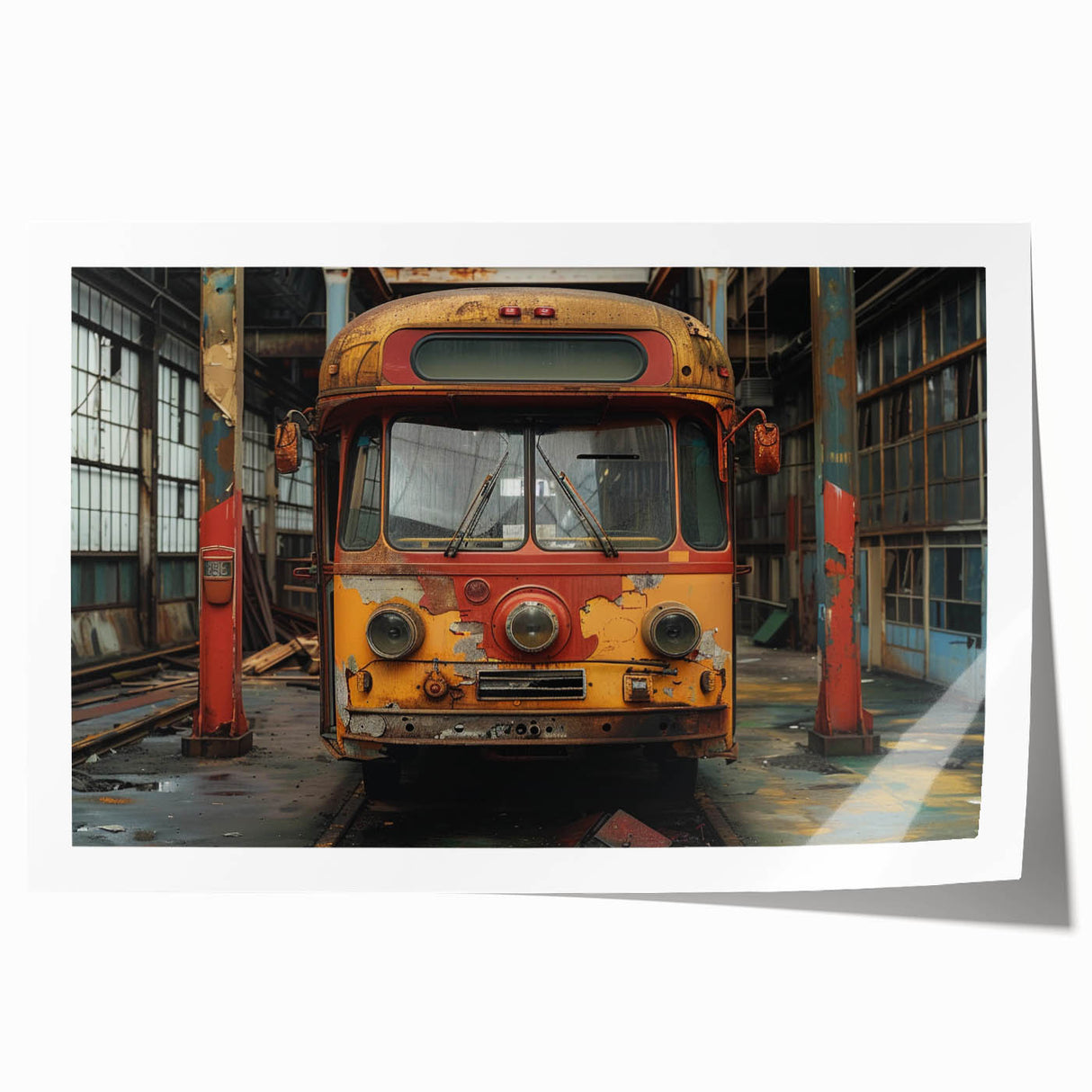 Extra large rolled print featuring a derelict architectural design in muted earth tones, ideal for art wall dining room.