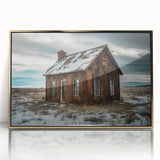 Mid-century modernist architecture depicted in muted earth tones on a large framed acrylic print.
