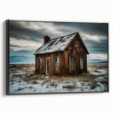 Black and white landscape art painting of a derelict building, presented on framed canvas, suitable for bedroom decor.