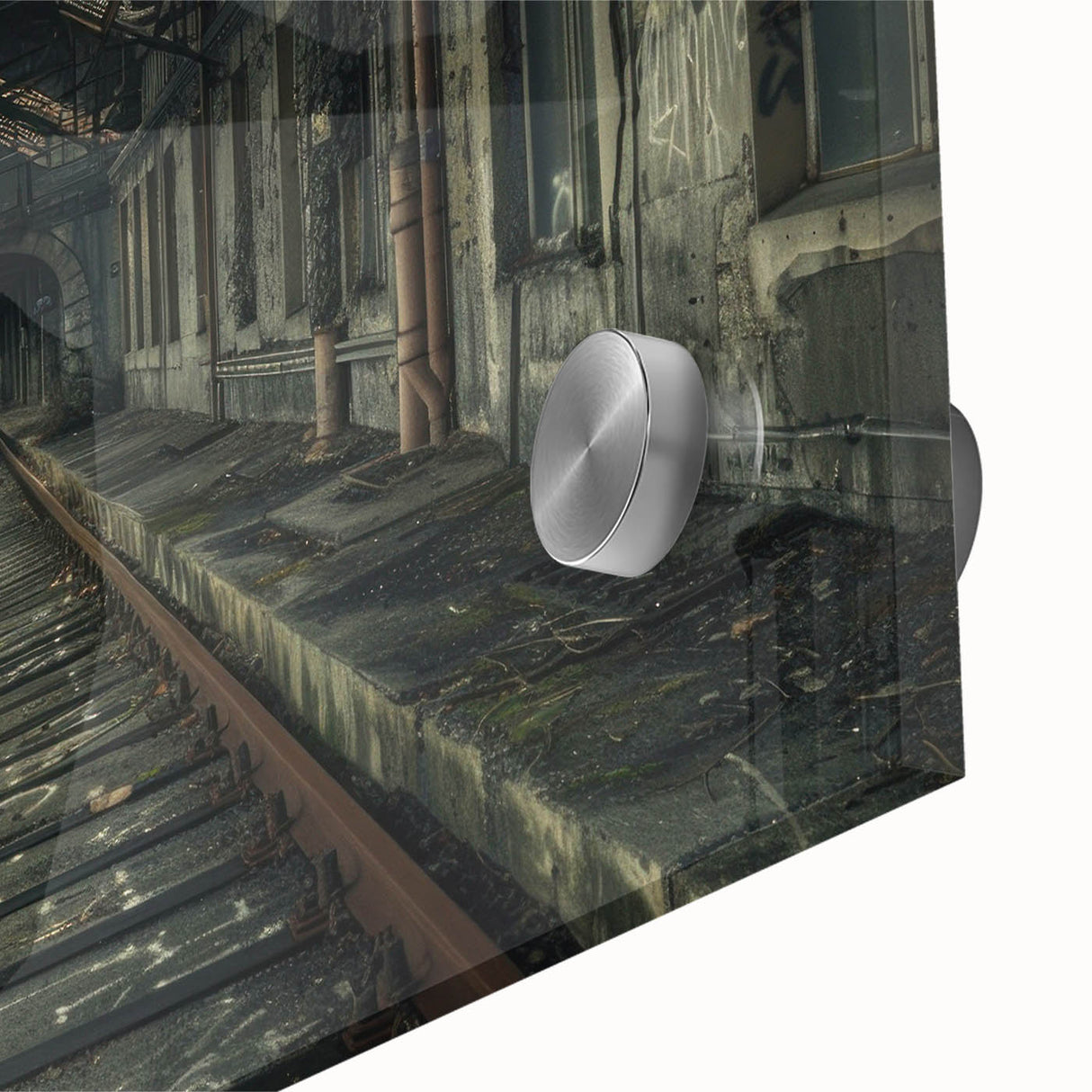 Large abstract wall art on acrylic glass depicting a close-up of architectural dereliction in gray tones.