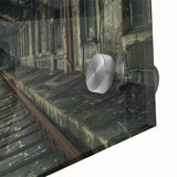 Large abstract wall art on acrylic glass depicting a close-up of architectural dereliction in gray tones.