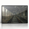 Large abstract wall art featuring a mid-century modernist design in muted gray and blue tones, framed in black acrylic.