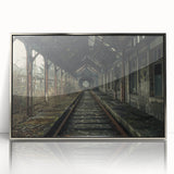 Mid-century modernist art depicting an abstract cityscape in muted gray and blue tones, acrylic print in silver frame.
