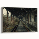 Framed canvas featuring a vintage landscape art painting with colorful, weathered buildings and a black background.