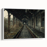 Vintage poster art of a derelict building, colorful accents on black background, framed canvas, ideal for living room decor.