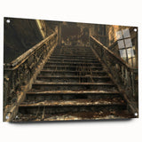 Large abstract wall art on acrylic glass depicting a derelict building in muted grays.