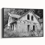 Vintage poster art of a derelict building in vibrant colors on a large framed canvas, ideal for living room decor.