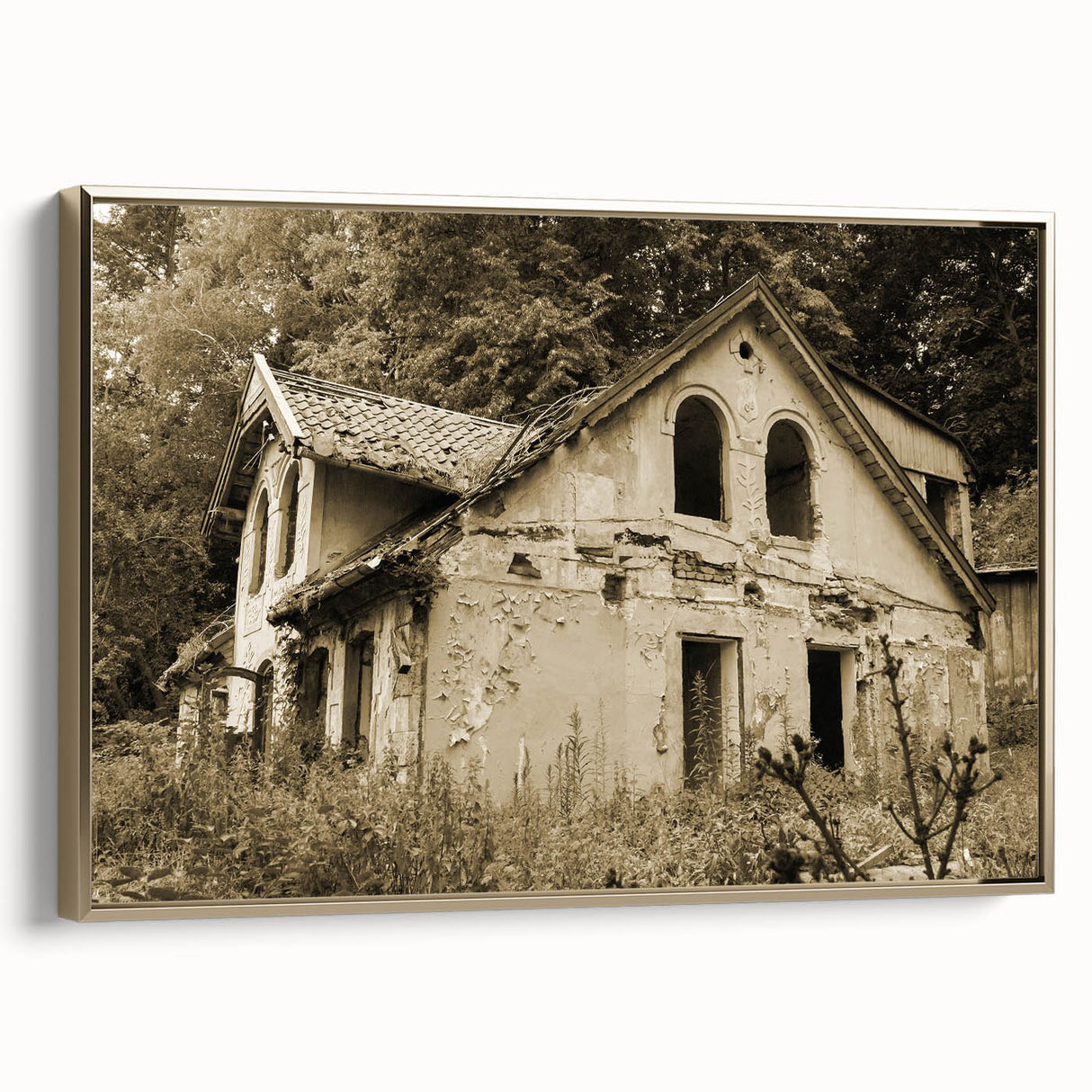Framed canvas featuring a black and white vintage landscape painting, ideal for bedroom wall art.