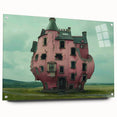 Large abstract wall art on acrylic glass, featuring derelict architecture in muted gray tones.