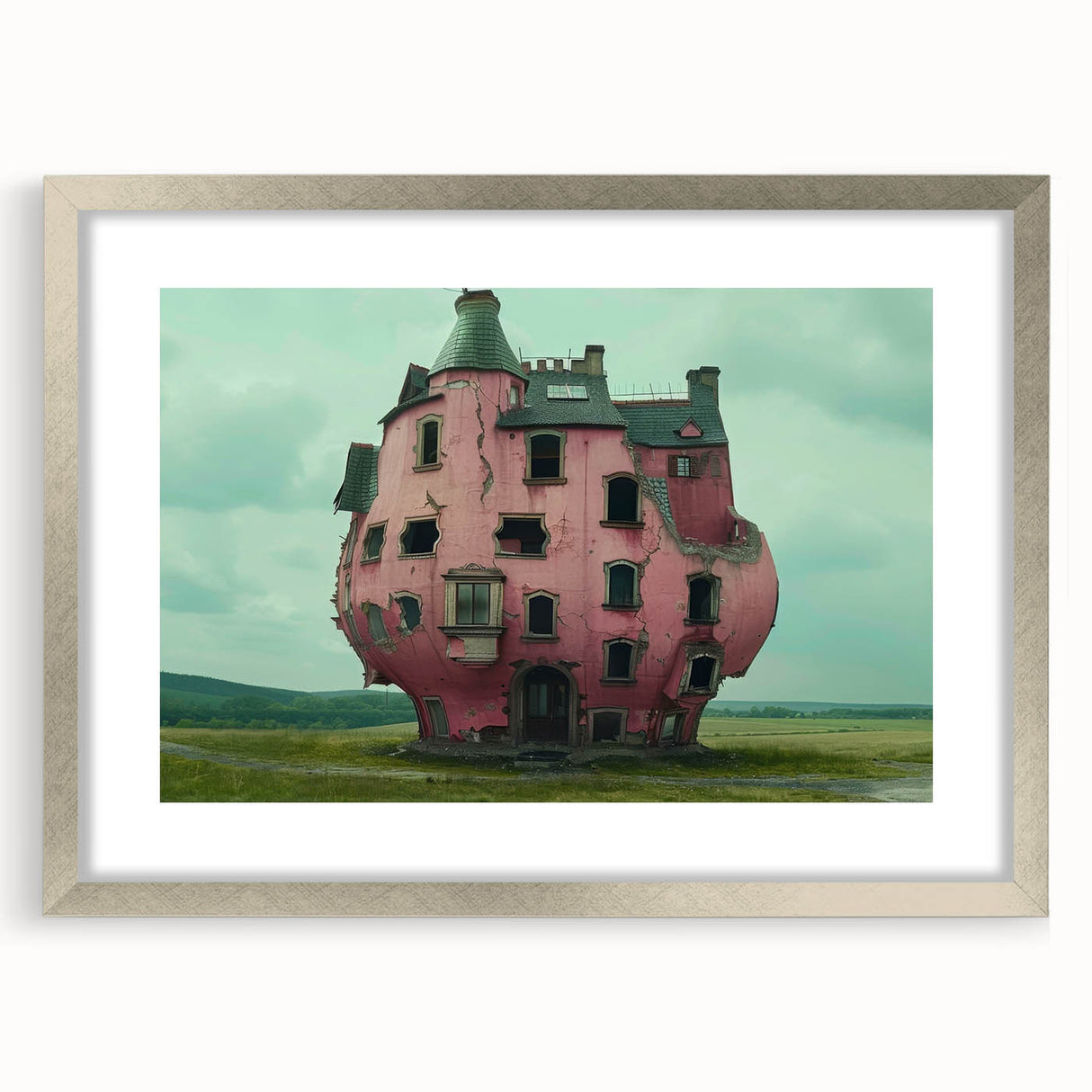 Textured abstract art print of a derelict building in muted gray and silver, framed, ideal for modern bedroom ambiance.