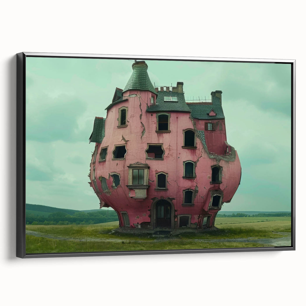 Black and white vintage poster art of a dilapidated building on framed canvas, suitable for bedroom wall decor.