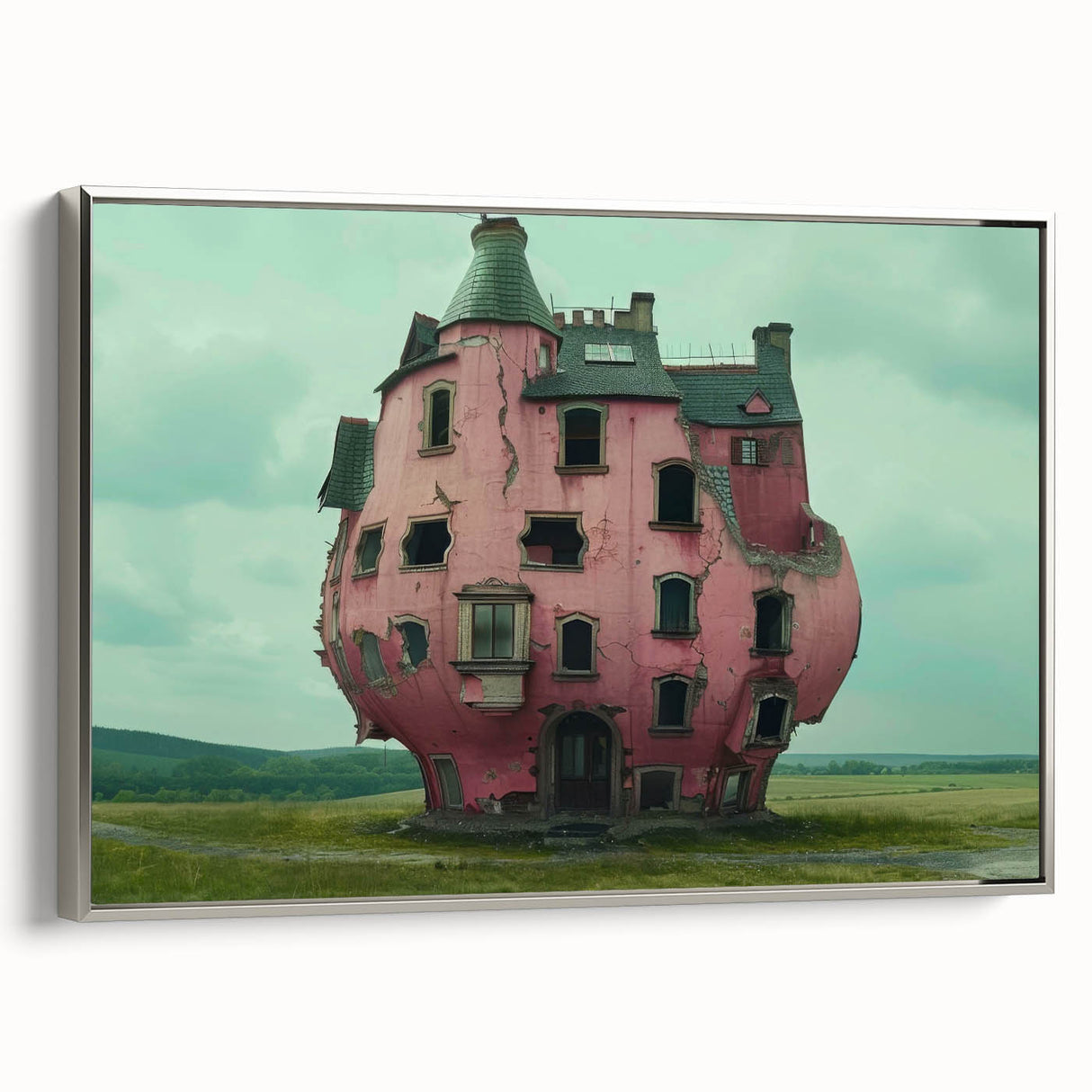 Framed canvas featuring a vintage poster of a derelict building in grayscale with colorful graffiti.