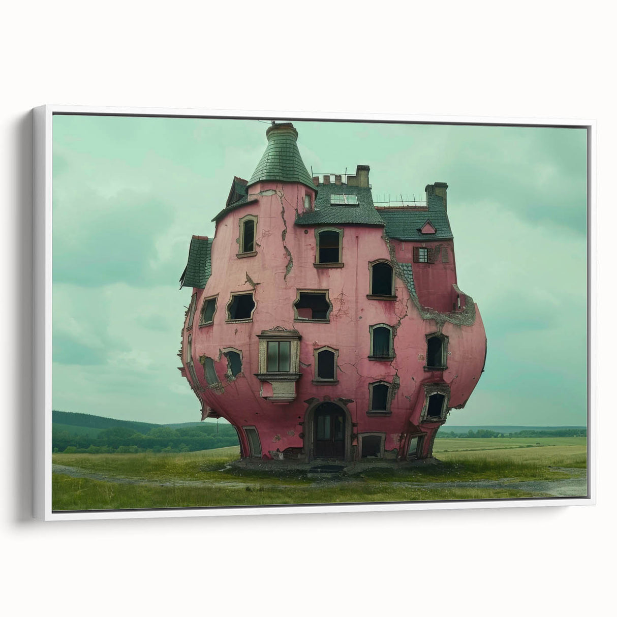 Vintage poster art of derelict buildings, rendered in colorful hues on a large framed canvas, suitable for living room decor.