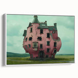 Vintage poster art of derelict buildings, rendered in colorful hues on a large framed canvas, suitable for living room decor.