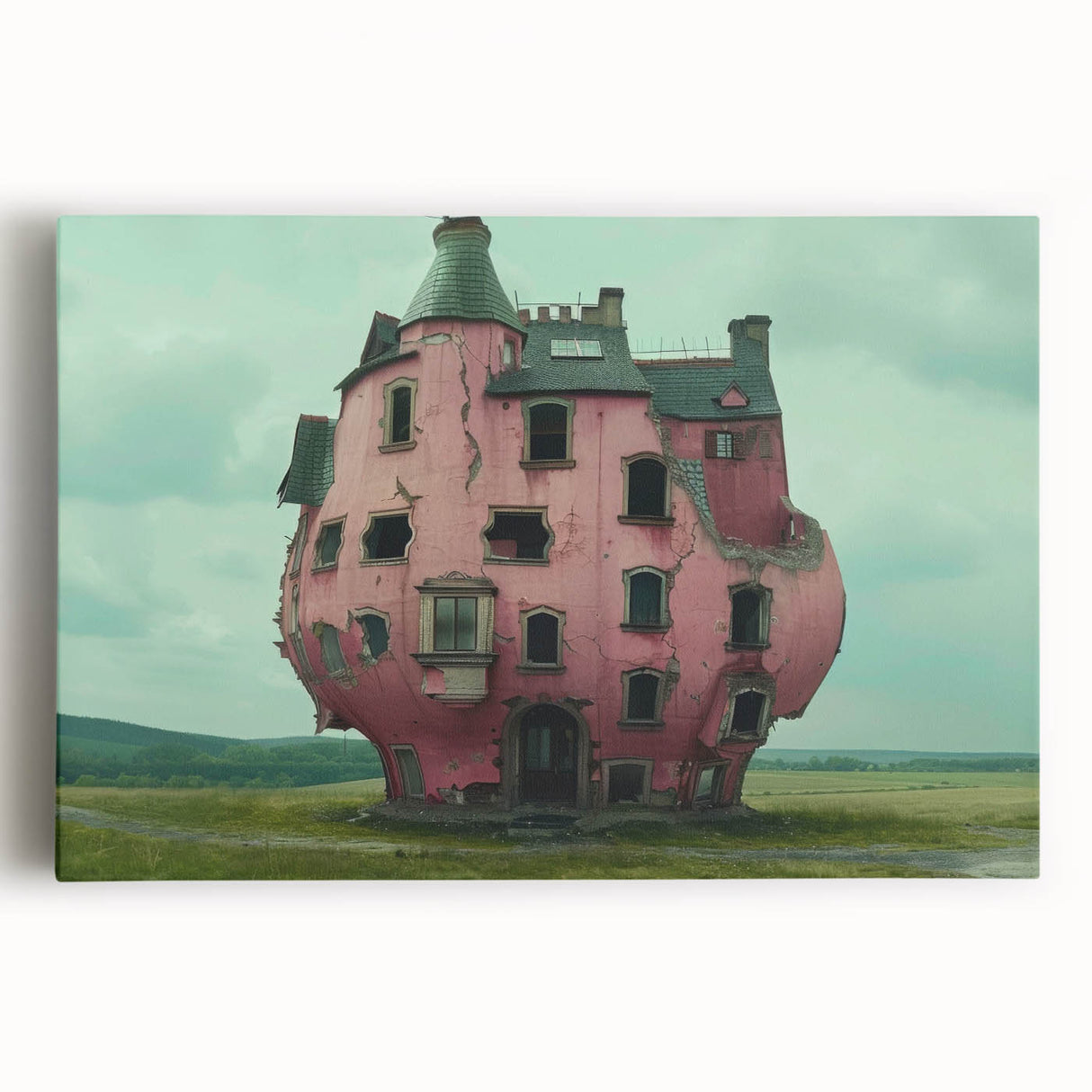 Black and white photograph of a derelict building on a stretched canvas, suitable for kitchen wall art.