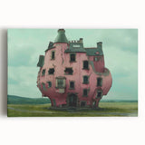 Black and white photograph of a derelict building on a stretched canvas, suitable for kitchen wall art.