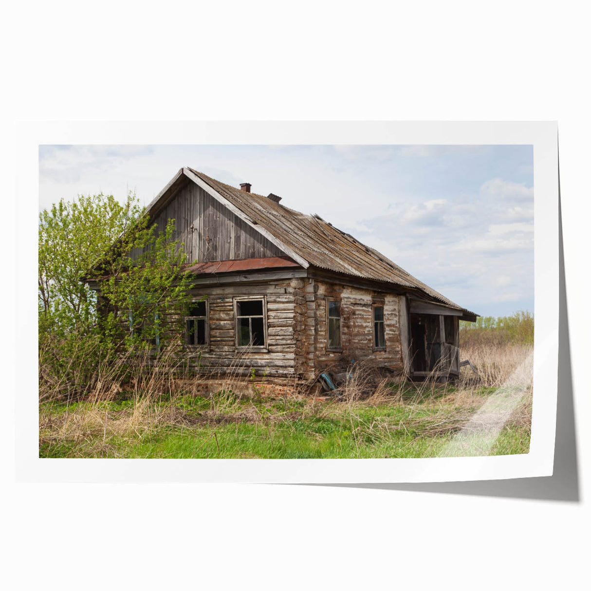 Extra large rolled print of a derelict building with muted gray and blue tones, ideal for art wall dining room.