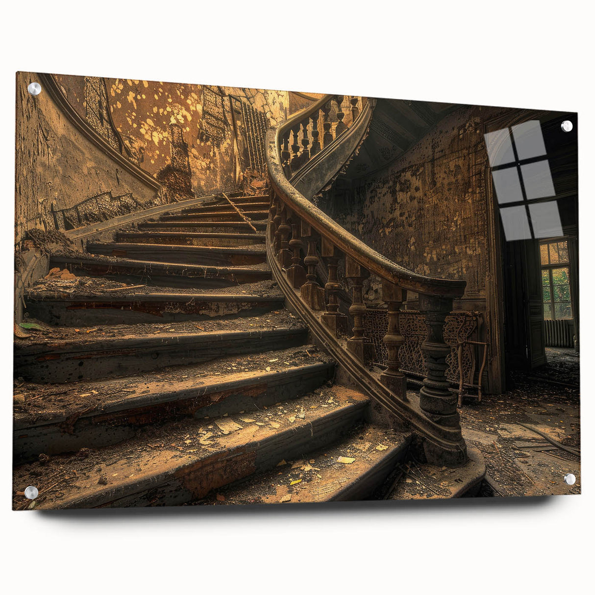 Large abstract wall art on acrylic, featuring a blend of derelict architectural designs in muted gray tones.