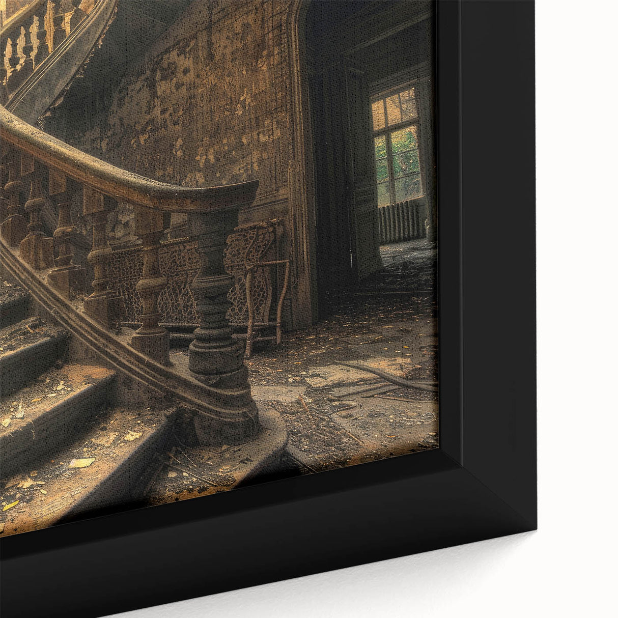 Black and white vintage poster art of a derelict building, printed on framed canvas, suitable for bedroom wall decor.