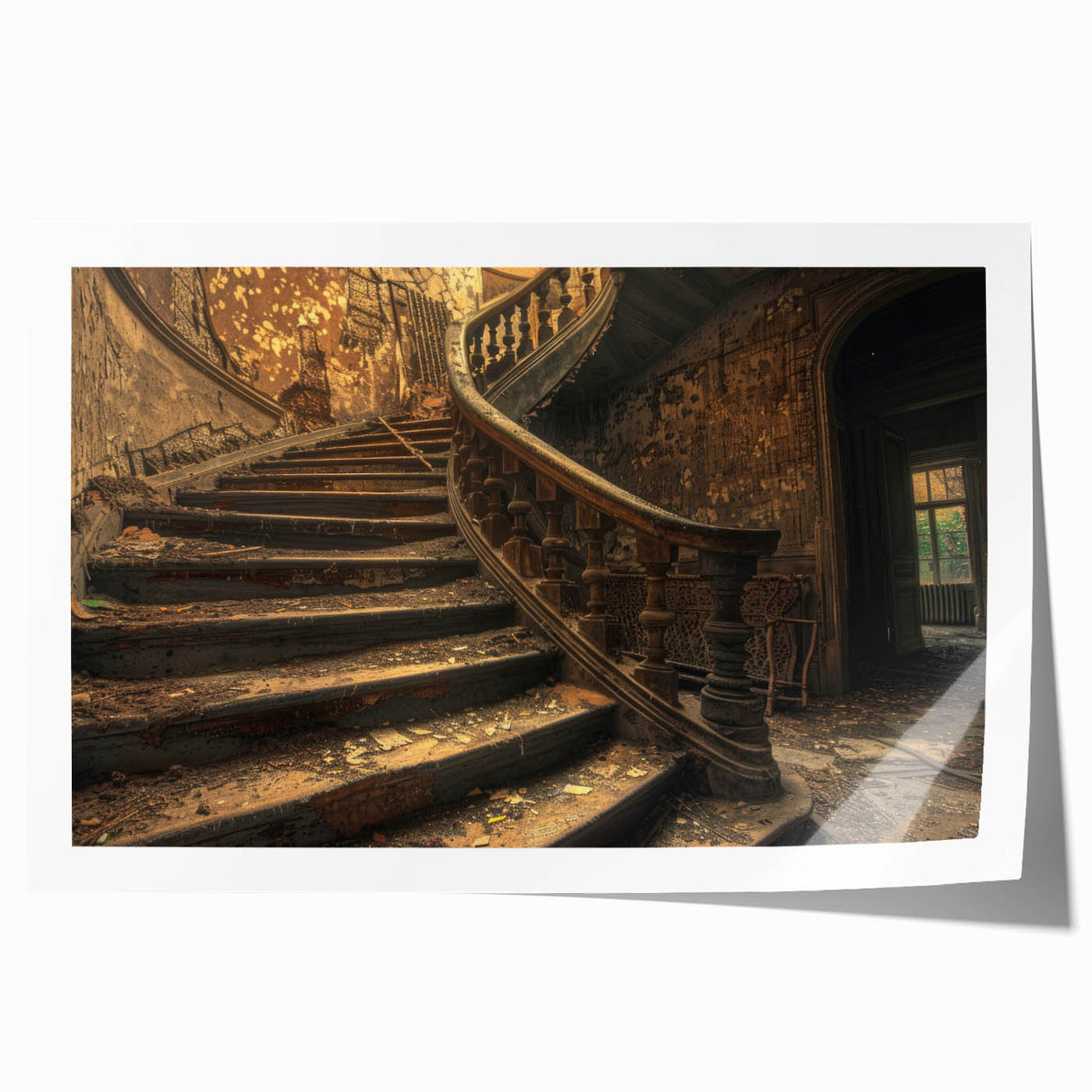 Extra large rolled print of a derelict building in muted gray tones, suitable for art wall dining room.