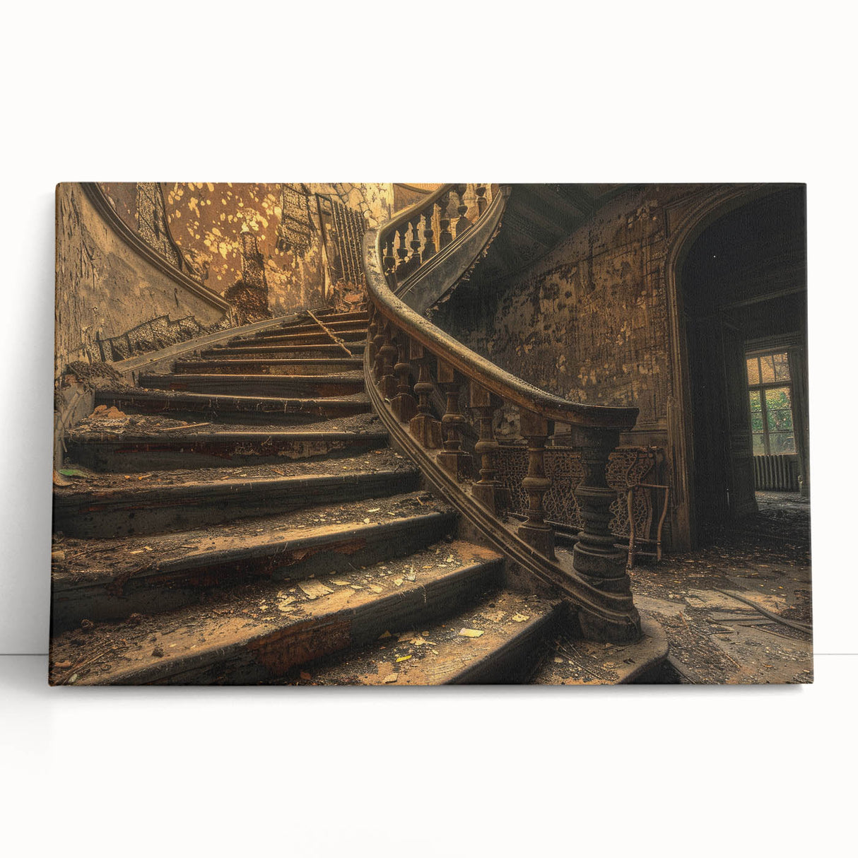 A large black and white photograph of a dilapidated building on stretched canvas.