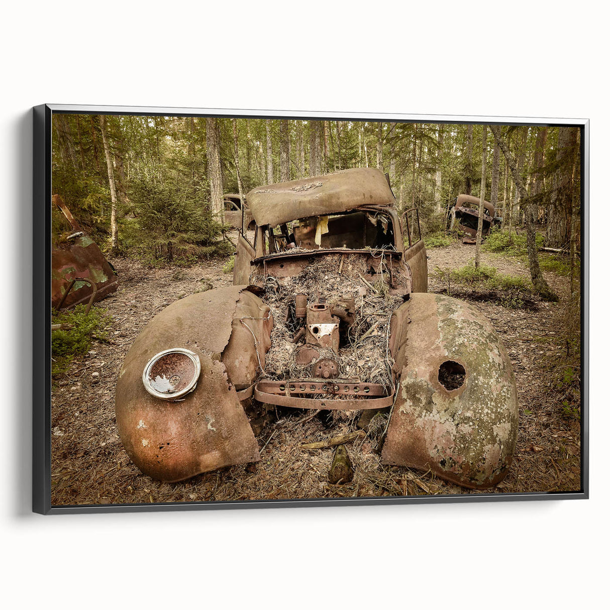 Black and white framed canvas featuring a vintage-style landscape painting, ideal for bedroom wall decor.