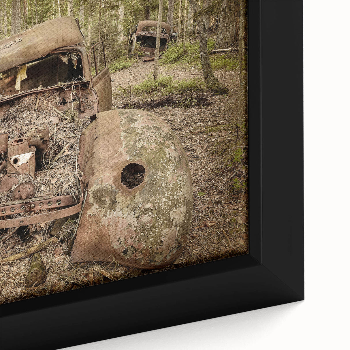 Extra large framed canvas featuring a textured, black wall art design with colorful abstract elements.