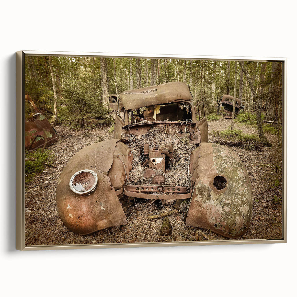 Framed canvas featuring a vintage poster of a derelict building in black and gray tones, ideal for bedroom wall art.
