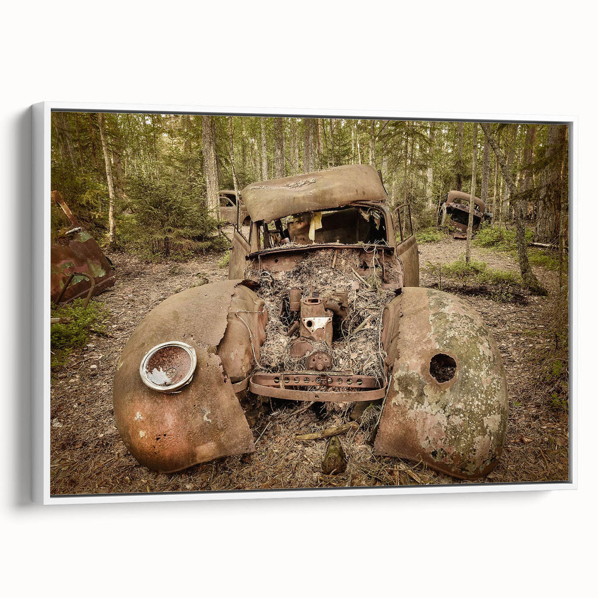 Vintage poster art of a derelict building on a framed canvas, featuring a black and colorful palette.