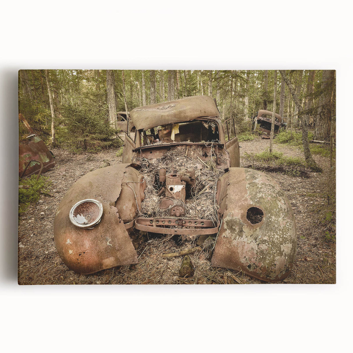 Black and white photo of a derelict building on stretched canvas, ideal for kitchen wall art.