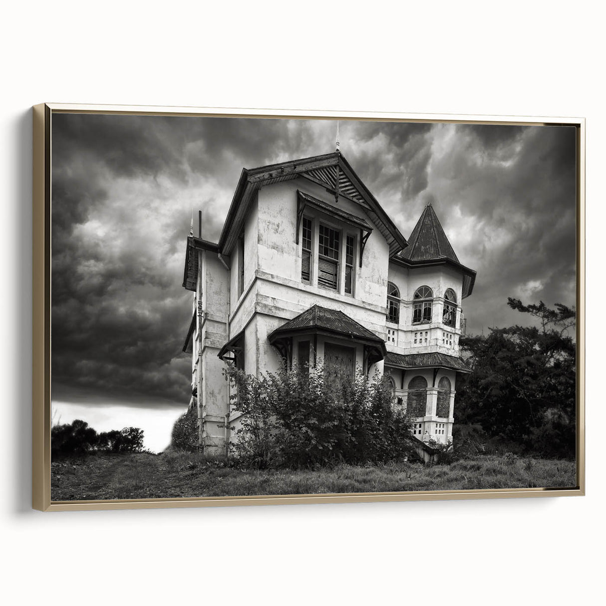 Framed canvas depicting a vintage black and gold landscape painting, ideal for bedroom wall art.