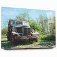 Large abstract wall art depicting a derelict building in muted grays and blues on acrylic glass.