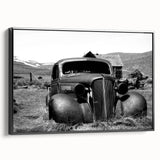 Black and white vintage poster art of a derelict building, printed on framed canvas, suitable for bedroom wall decor.