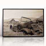 Large abstract wall art featuring a mid-century modernist design in muted gray and blue tones, framed in black acrylic.
