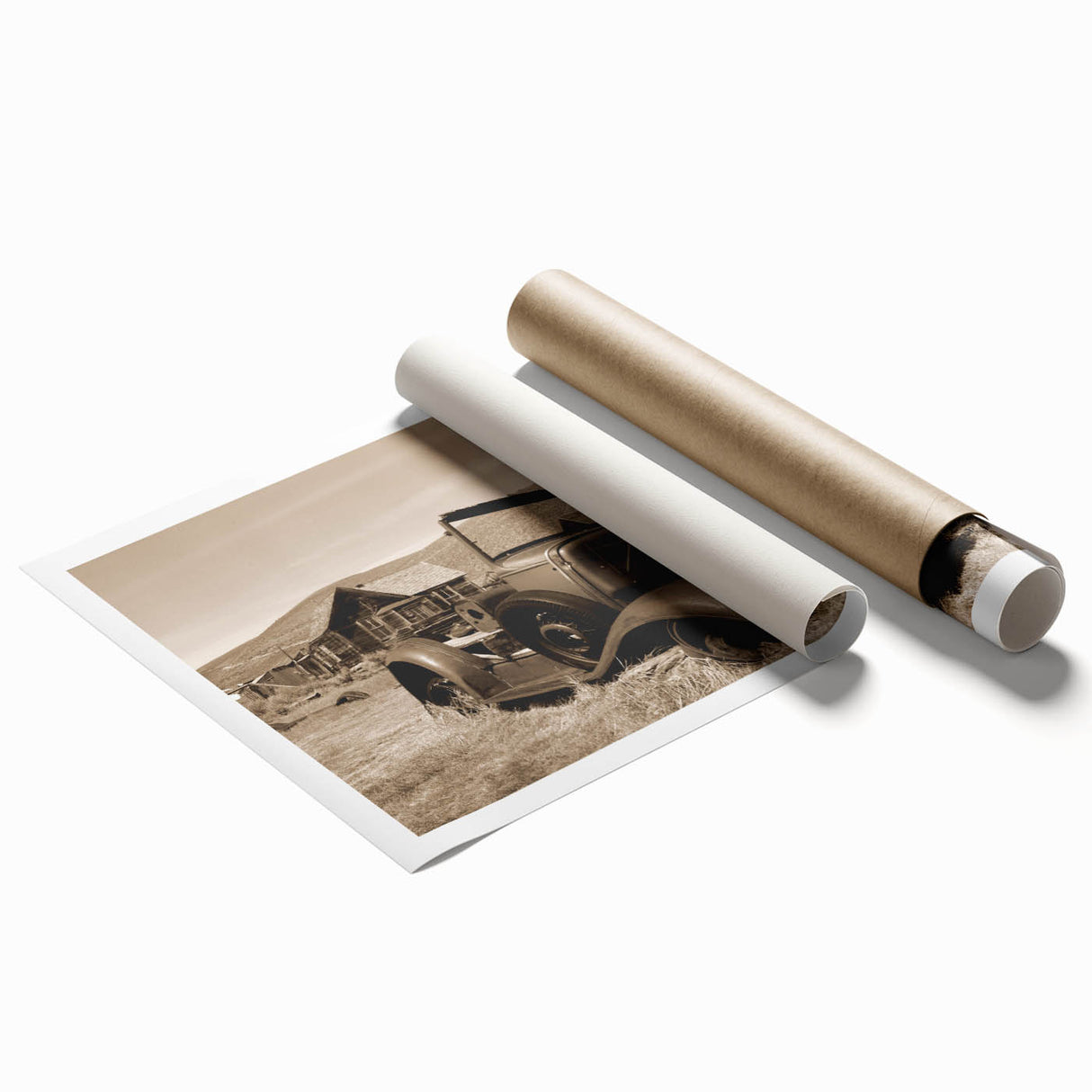 Extra large rolled print featuring a dilapidated building in muted earth tones, ideal for classy bathroom wall art.