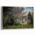 Landscape art painting of a derelict building, rendered in vibrant colors on a framed canvas.