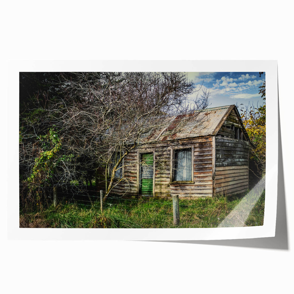 Extra large rolled print of a derelict building in muted gray tones, suitable as art wall for dining room.