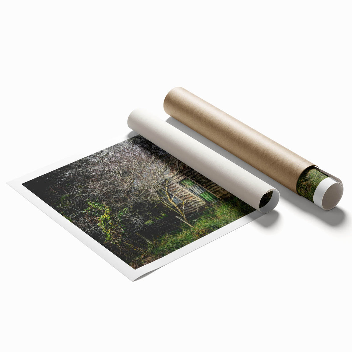 Extra large rolled print of a derelict building in muted gray tones, suitable as classy bathroom wall art.