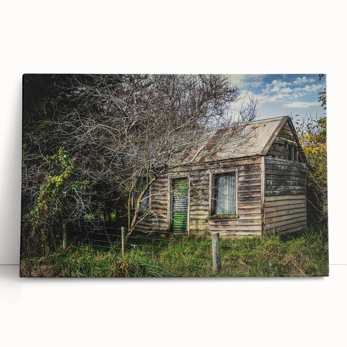 Large black and white photo of a derelict building on stretched canvas, ideal for kitchen wall art.