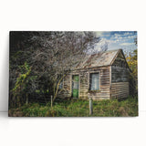 Large black and white photo of a derelict building on stretched canvas, ideal for kitchen wall art.