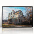 Large abstract wall art depicting derelict architecture in muted gray tones on a framed acrylic, suitable for modern decor.