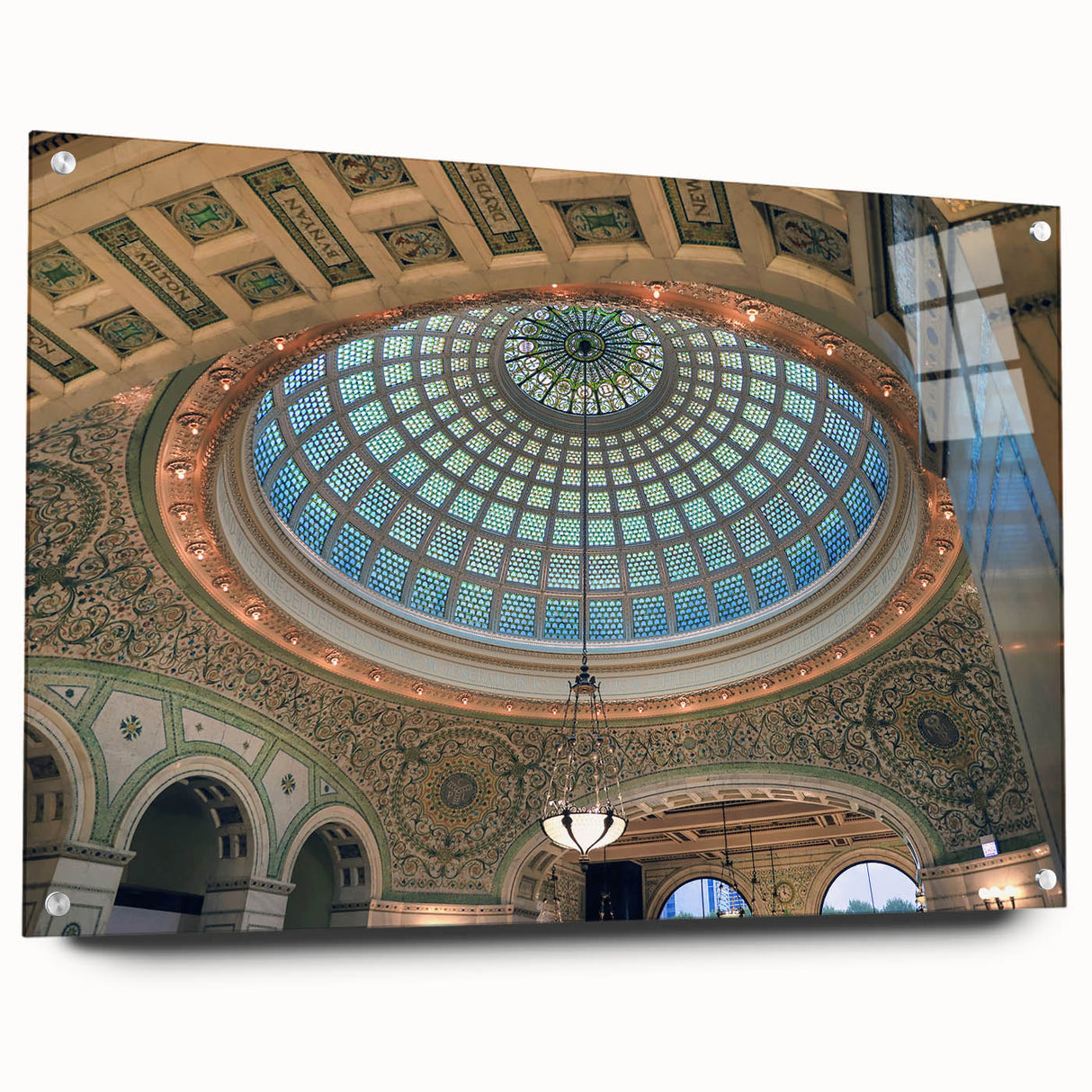 Acrylic print of large abstract wall art featuring architectural domes in muted gray and blue tones.
