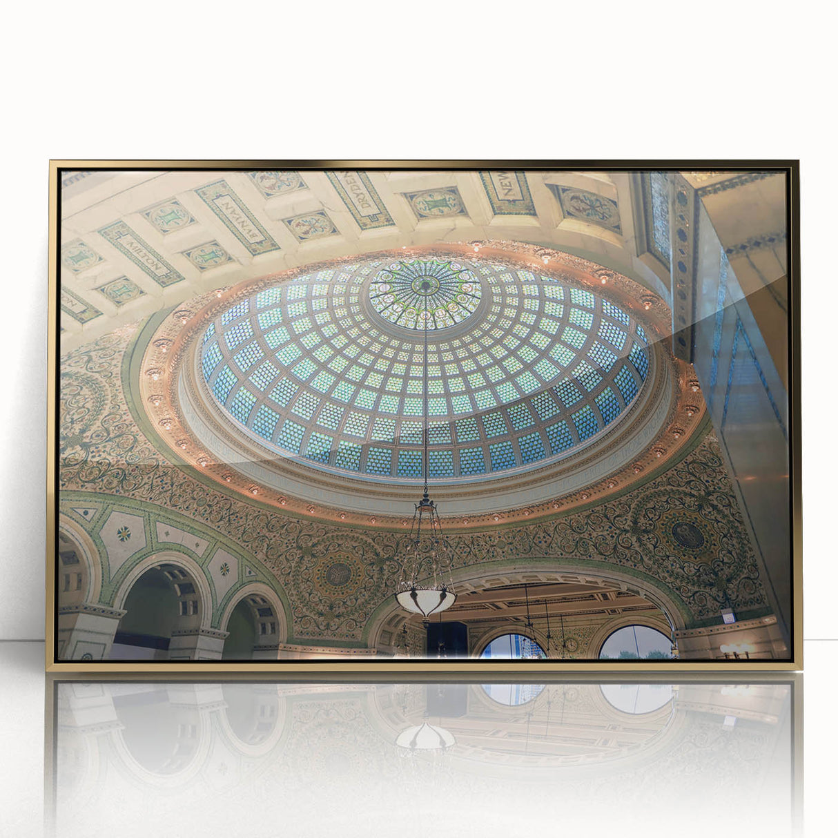 Mid-century modernist art featuring architectural domes in gold and beige tones on a framed acrylic.
